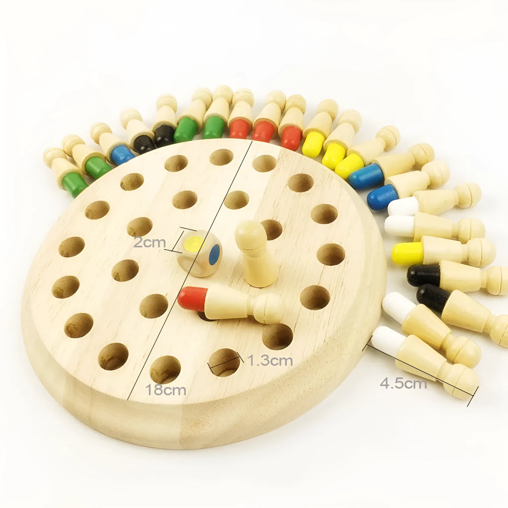Montessori beech wood memory match stick chess game with green pieces on a wooden board.
