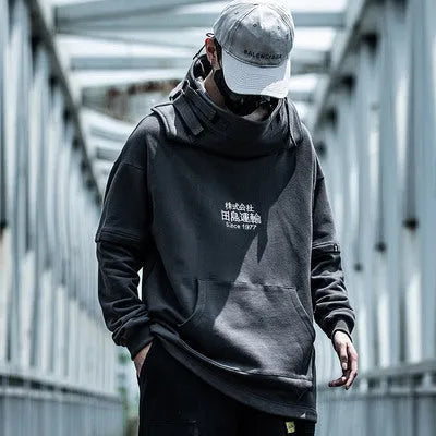High collar hooded sweater in cotton terry cloth with drop sleeves and loose fit, available in several colours