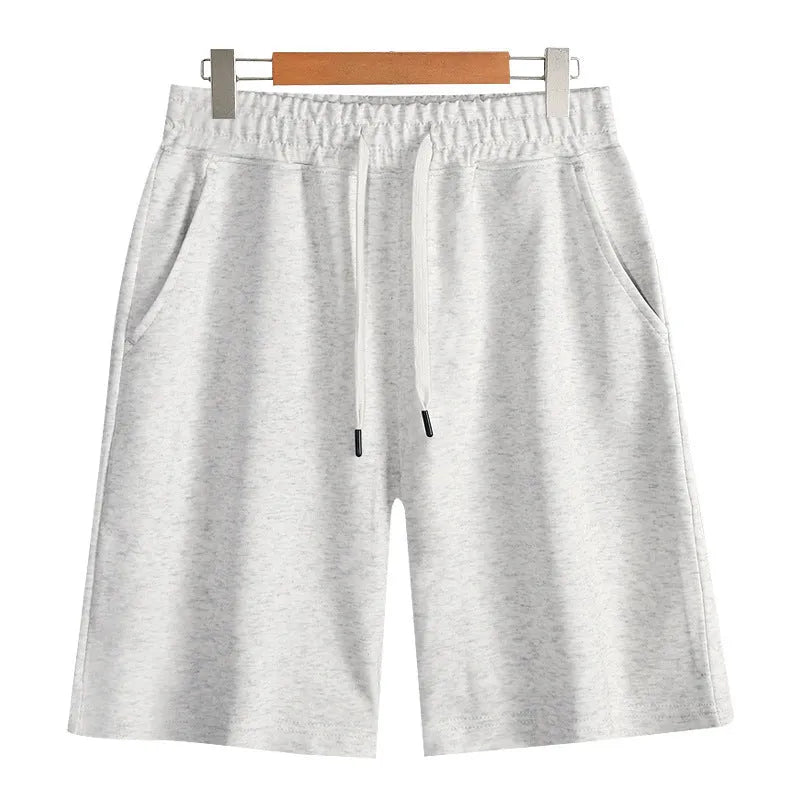 Men's straight-leg cotton summer shorts in light grey, shown on a hanger.