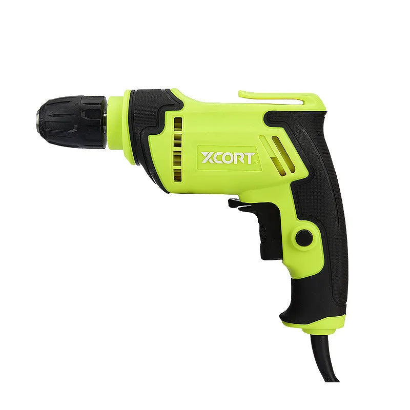 Black pistol-grip electric drill with a 10mm chuck on a workbench.