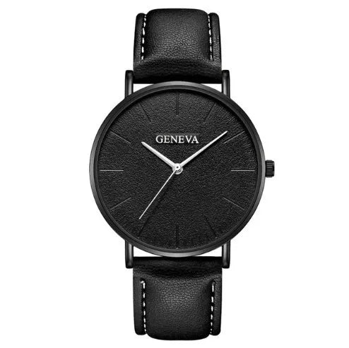 Men's quartz wristwatch 40mm gold-tone case with black leather-effect Geneva strap luxury brand watch
