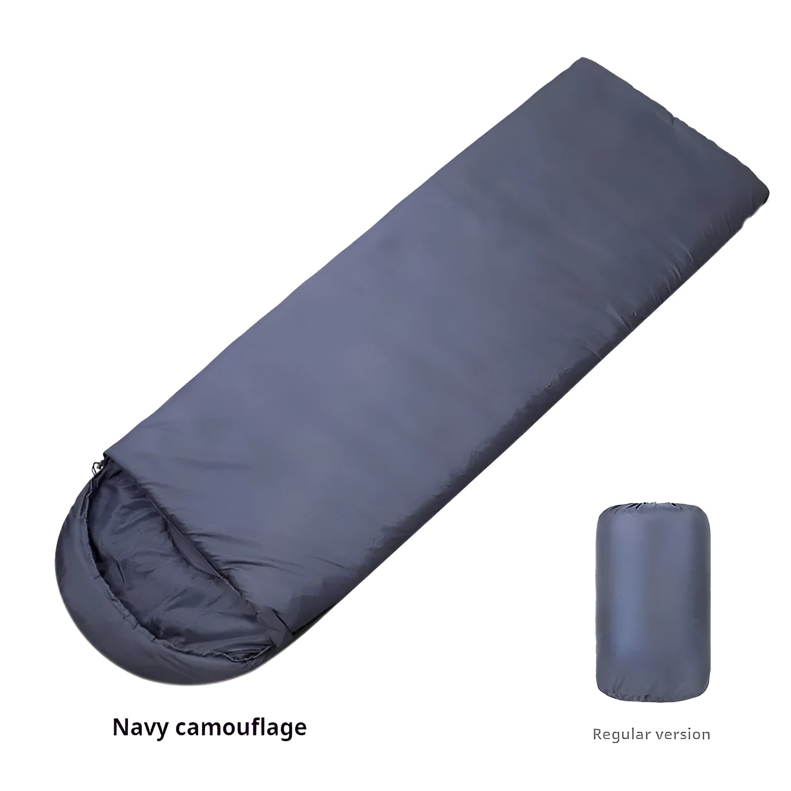 Navy blue envelope design adult camping sleeping bag with cotton filling laid flat showing dimensions