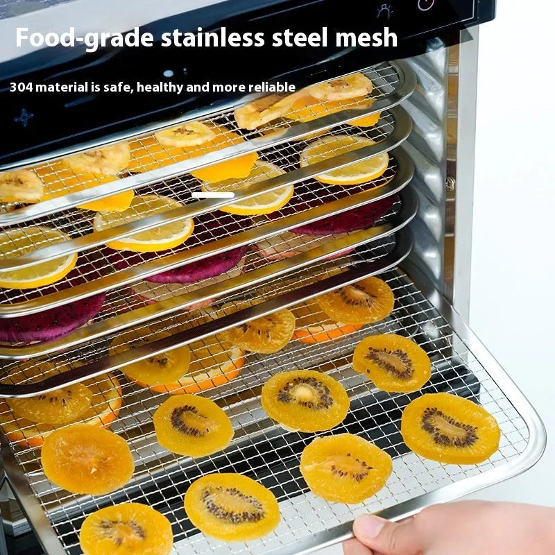 Stainless steel fruit dehydrator with multiple trays and LED control panel.