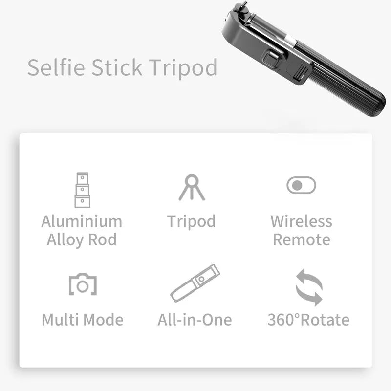 Black aluminium iPhone tripod selfie stick fully extended next to an iPhone.