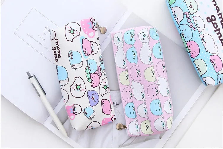 Blue triangle pencil case with cartoon expressions and Korean-style design