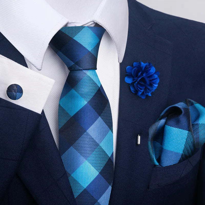 Floral jacquard polyester yarn tie and pocket square combo set for men, 147cm length, 50 colour options