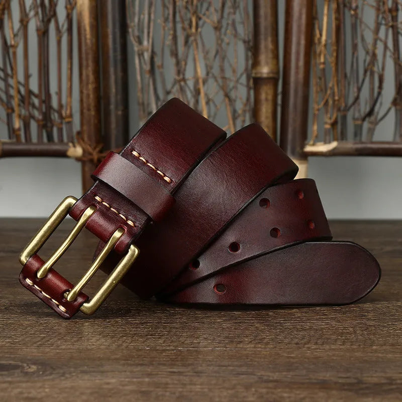 Men's first layer cowhide belt with vintage brass pin buckle, 3.8cm wide, 4mm thick, antique finish