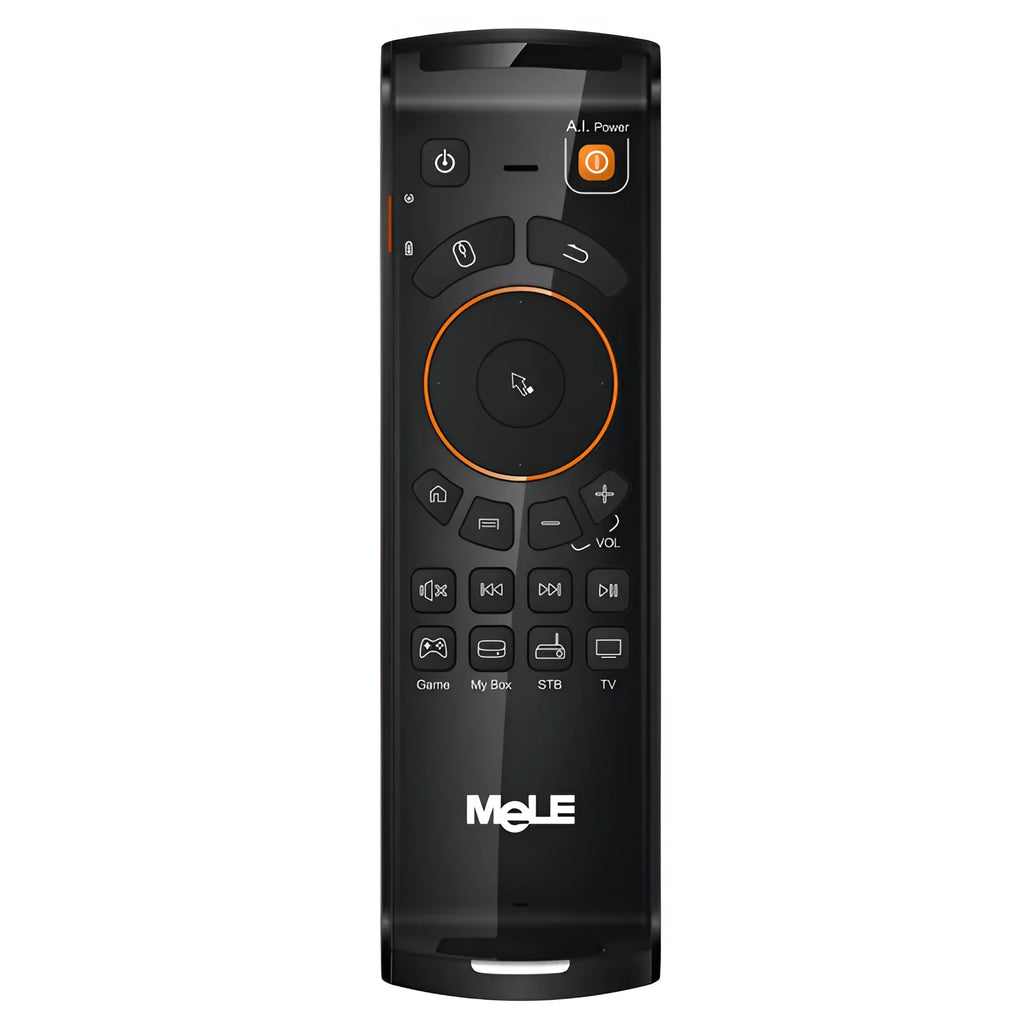 Black Mele F10 Deluxe wireless air mouse remote control with QWERTY keyboard and directional pad.