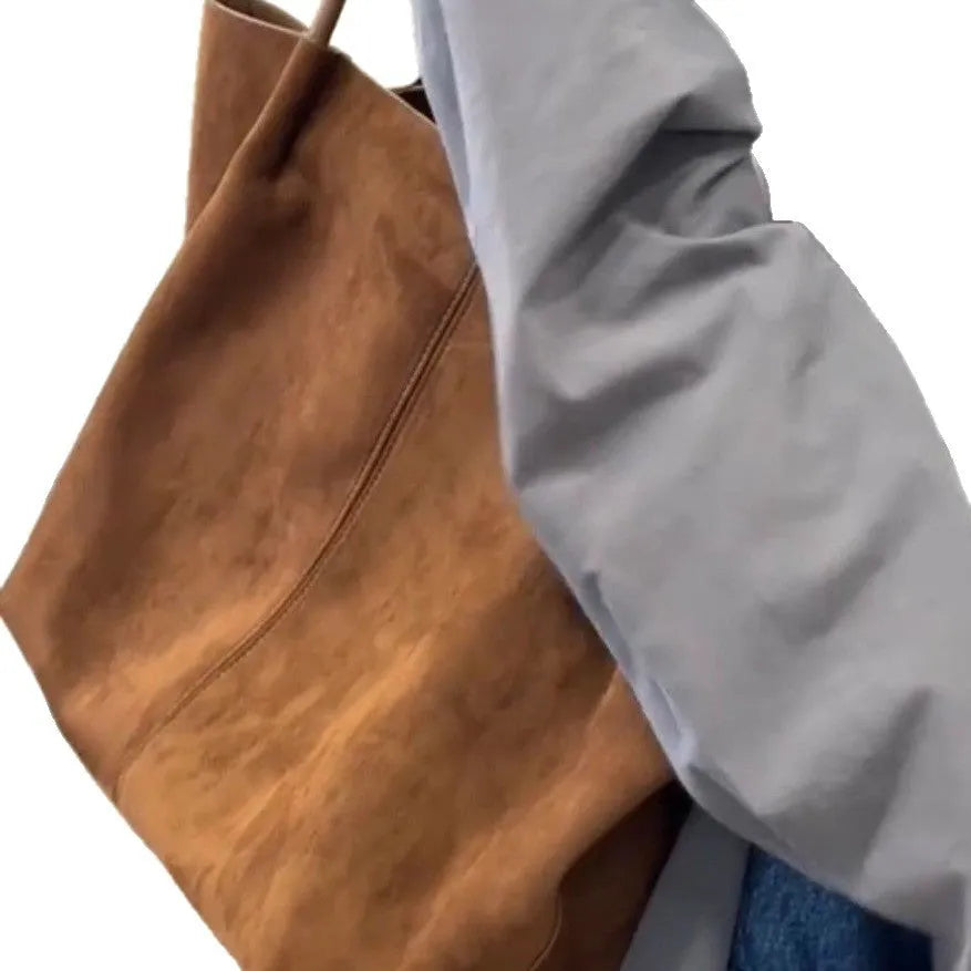 Coffee colour large capacity PU tote bag with double joint shoulder straps and three-dimensional outer pocket for autumn winter commuting