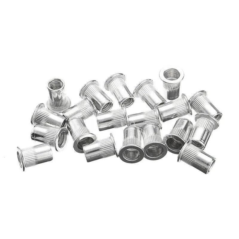 Alloy steel manual rivet nut gun tool with a selection of rivet nuts from the 106pc or 86pc kit.