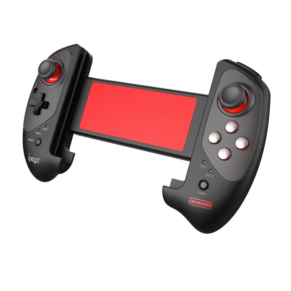 Red telescopic Bluetooth gamepad extended to hold a smartphone with USB cable