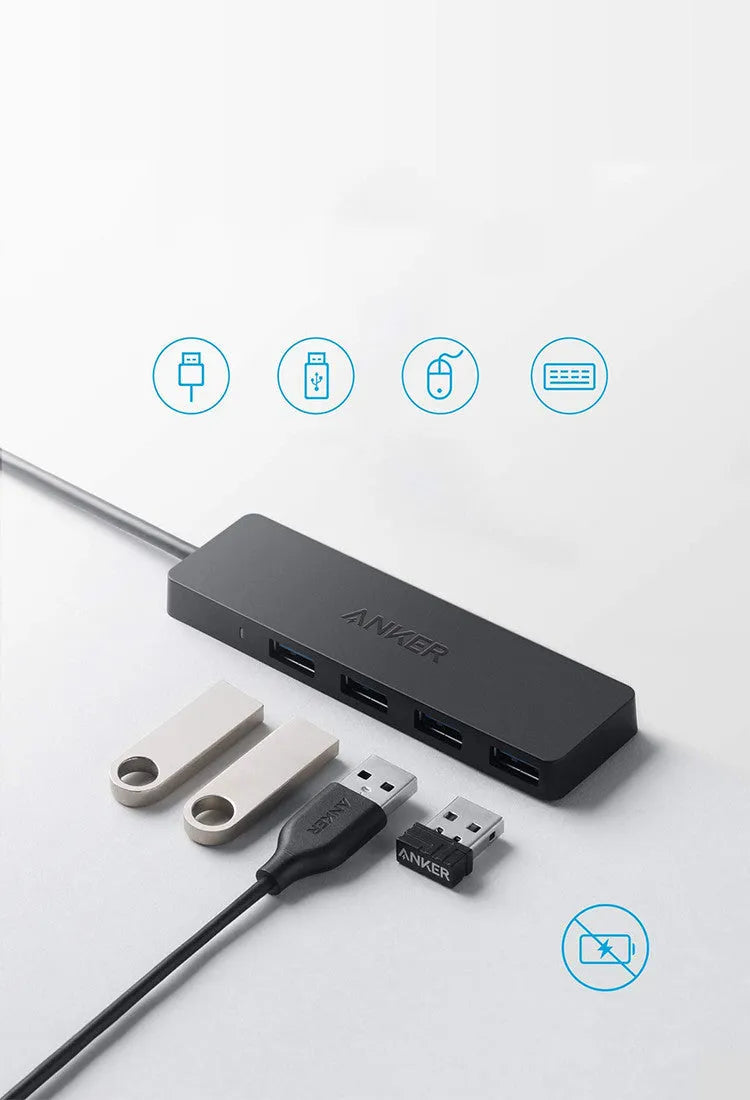 Black Anker 4-port USB 3.0 hub with attached cable, dimensions 30x107 mm.