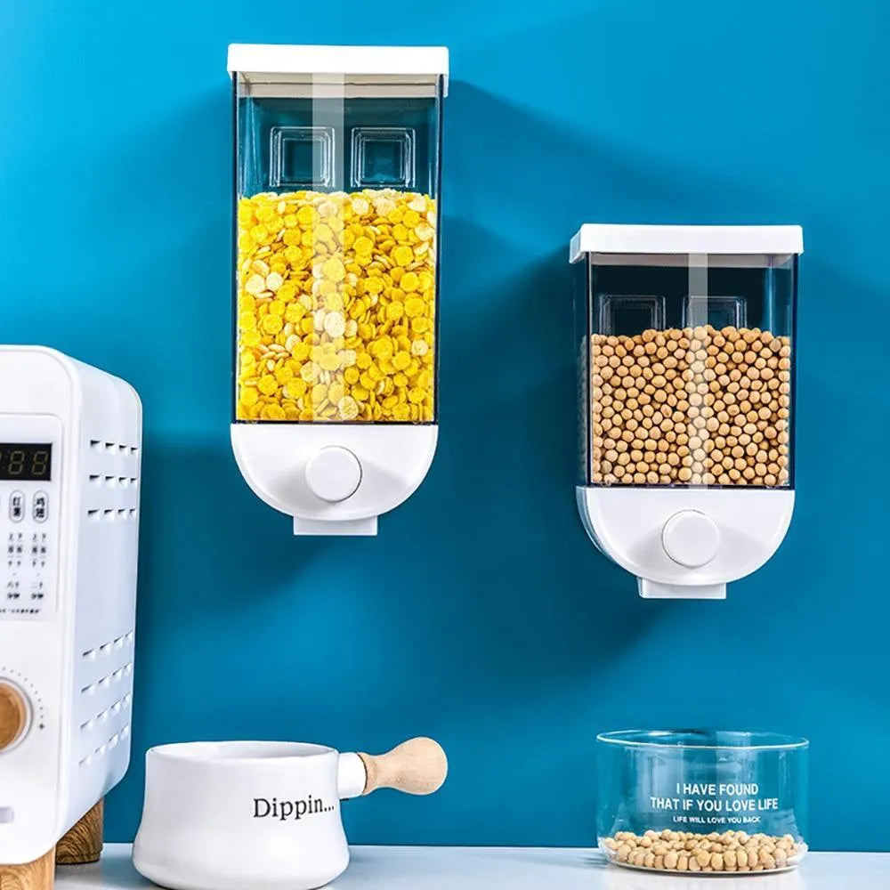 White wall-mounted transparent kitchen food storage container with dispenser lid for cereal and dry goods