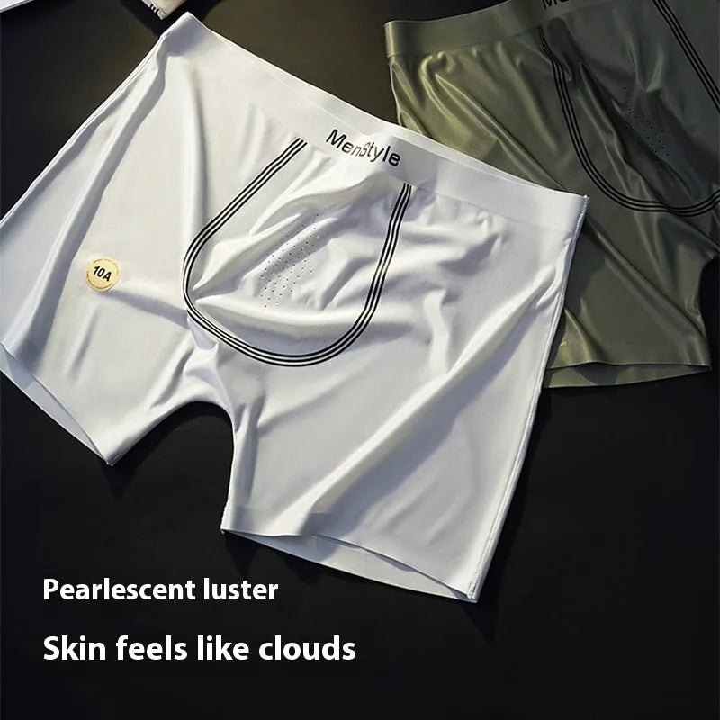 Men's seamless satin ice silk boxers in dark grey showing mid waist and reinforced crotch design.