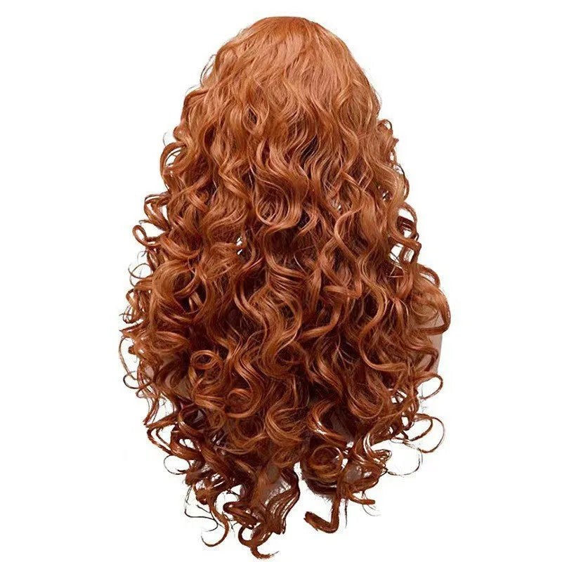 Long wavy curly brown synthetic wig with fluffy texture for Halloween cosplay.