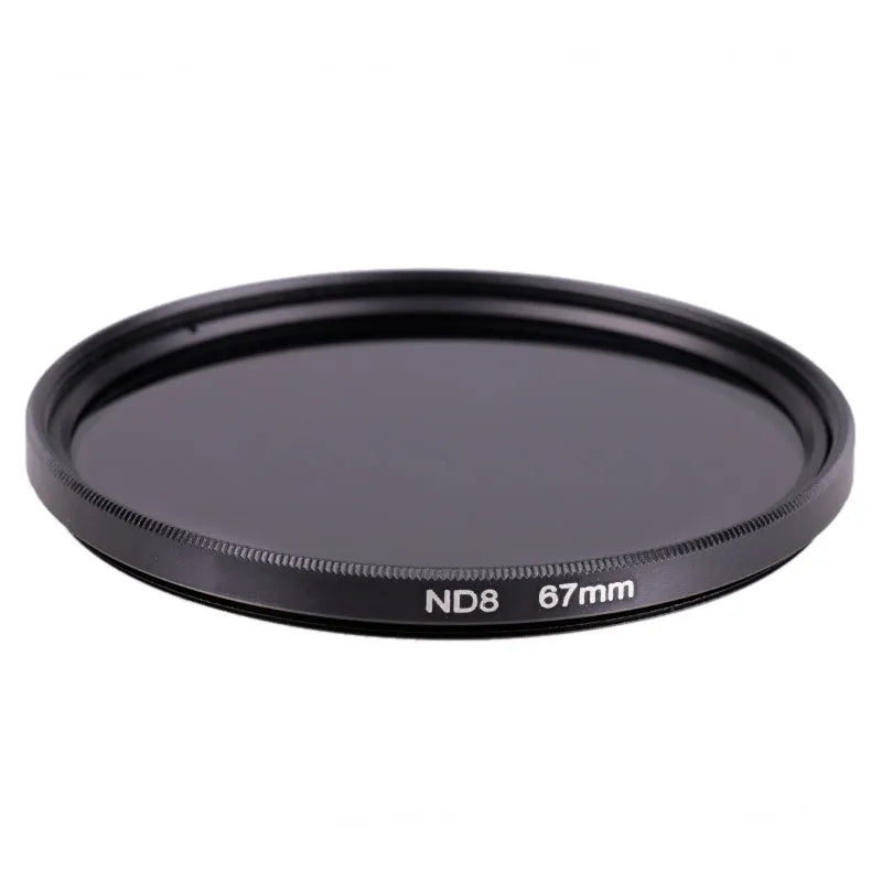 ND8 camera step-up filter in aluminium frame for 49mm to 82mm lenses on a camera lens.
