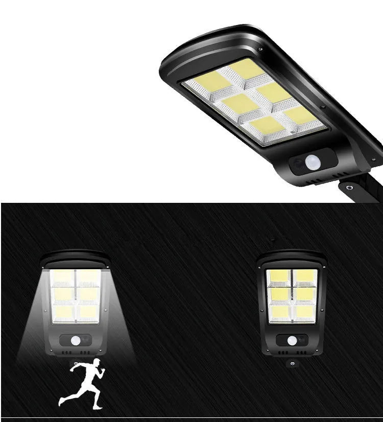 Black solar-powered outdoor security light with motion sensor on a wall
