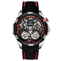 Automatic mechanical men's watch with skeleton dial and luminous hands on stainless steel case.