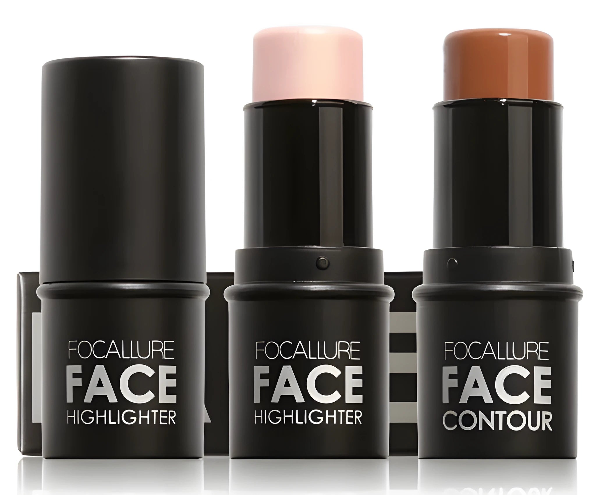 Face contour highlighter makeup product with attached brush applicator, shown in four colour shades.