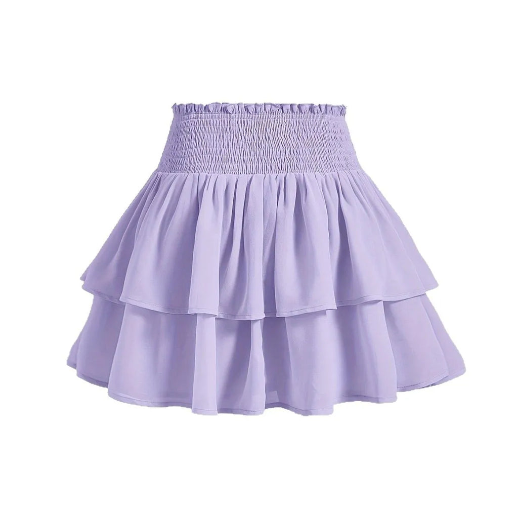 Puff short skirt high waist A-line with ruffles in solid purple polyester