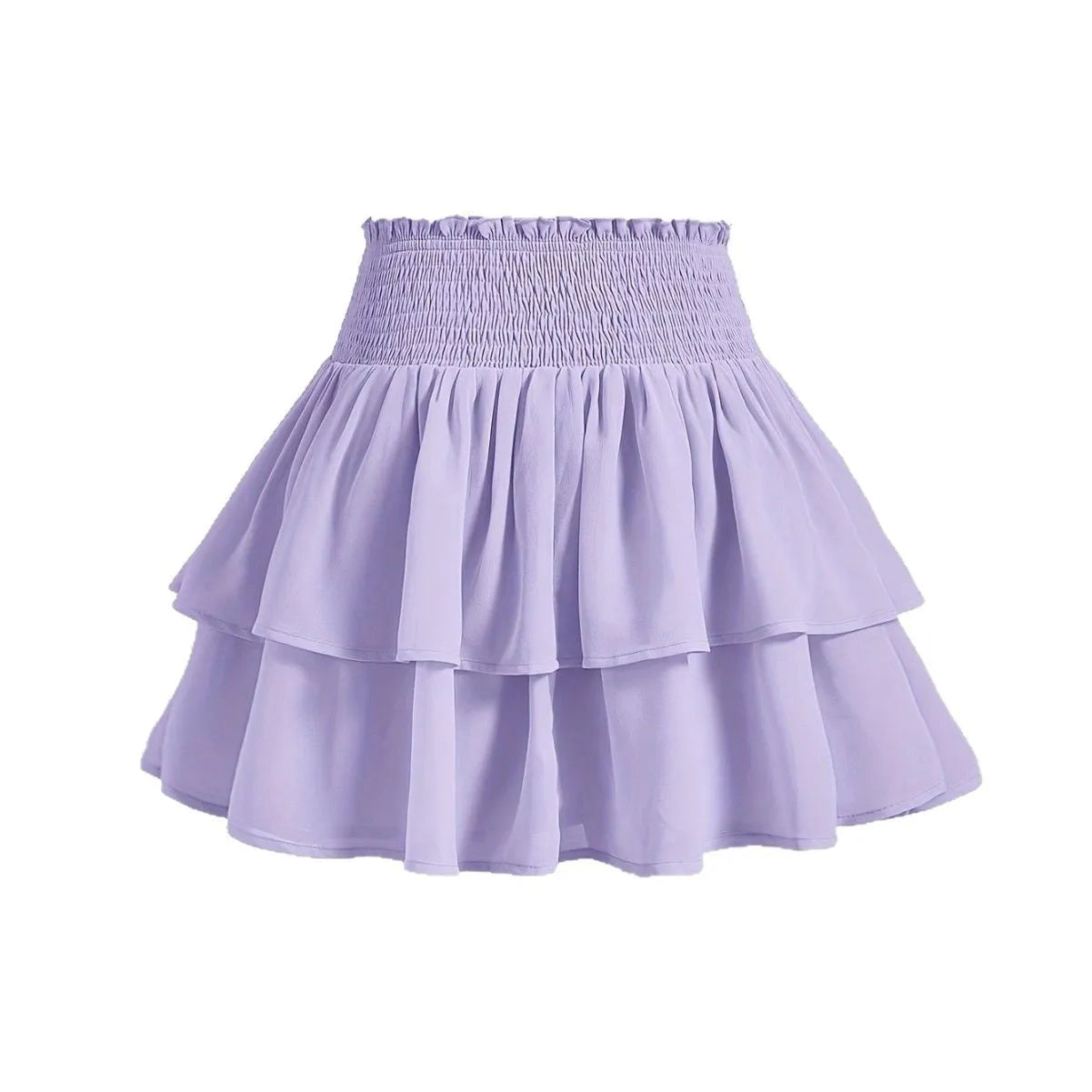 Puff short skirt high waist A-line with ruffles in solid purple polyester