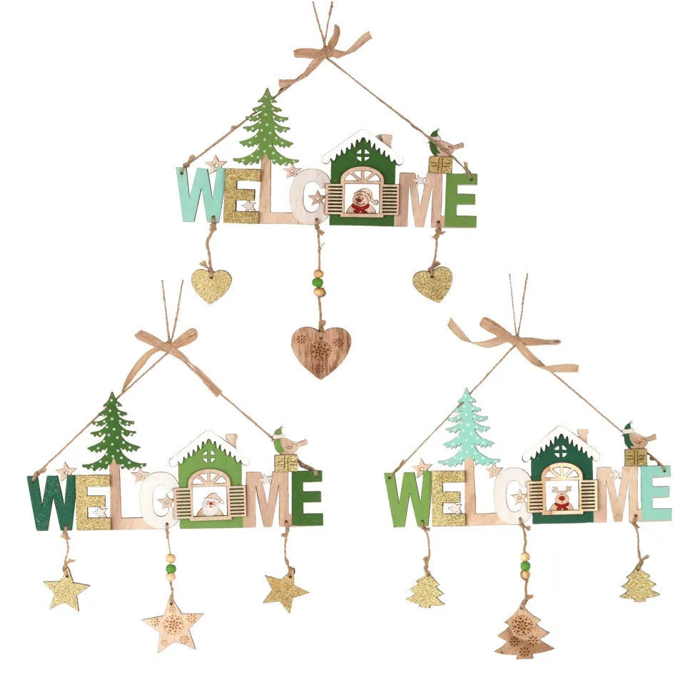 Wooden Christmas ornament set with old man, snowman and elk designs on display