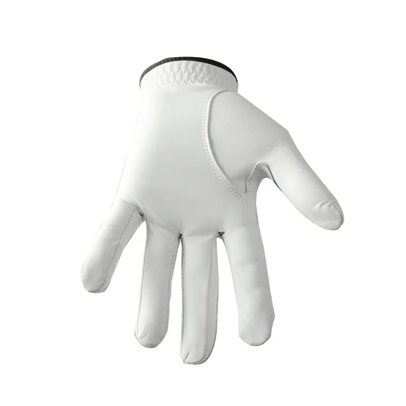 A single white men's golf glove with a half sheepskin palm, shown flat.