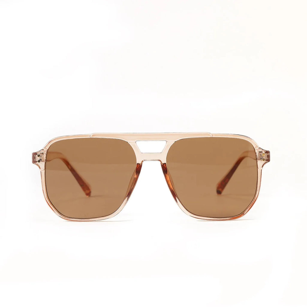Square double beam sunglasses for women in black frame with pink lens, showing full frame design.