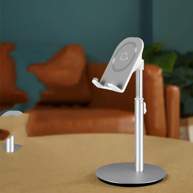 Silver aluminium computer phone holder for mobile phones and tablets on a desktop