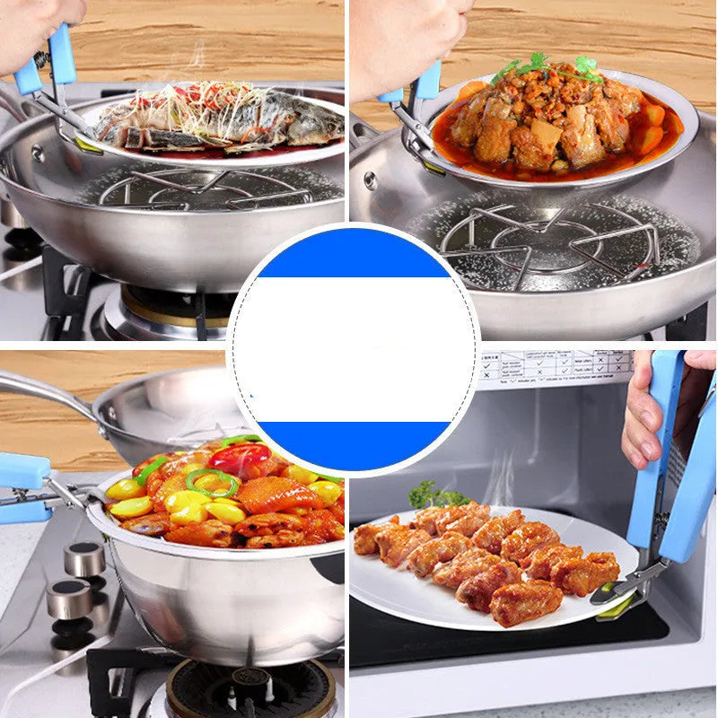 Creative kitchen gadget stainless steel tray holder with thickened plate and non-slip chuck in blue