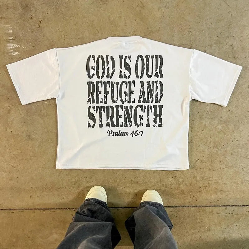 Printed cotton short sleeve retro street style t-shirt with drop shoulder design in contrast colours.