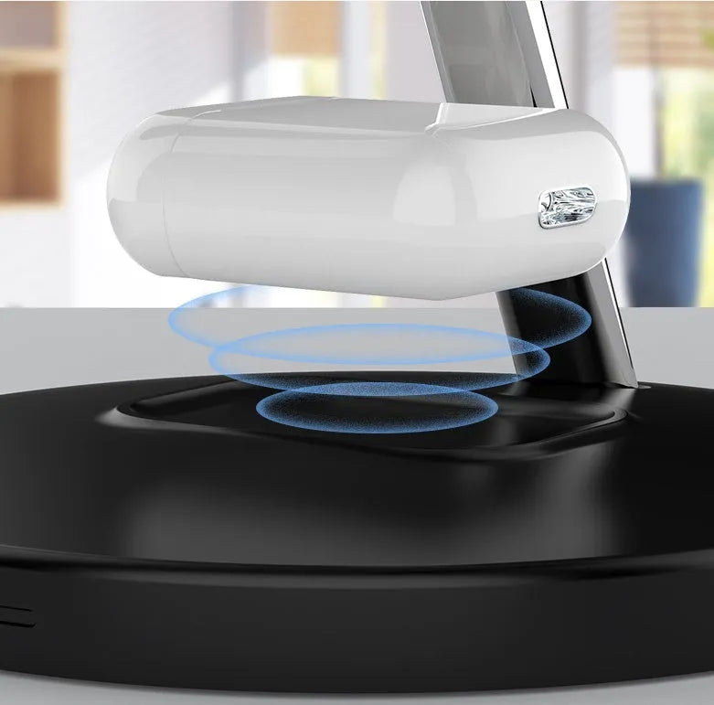 Three in one magnetic wireless charger in black or white, 175x120x85mm, with USB interface and EU US USB outlet options
