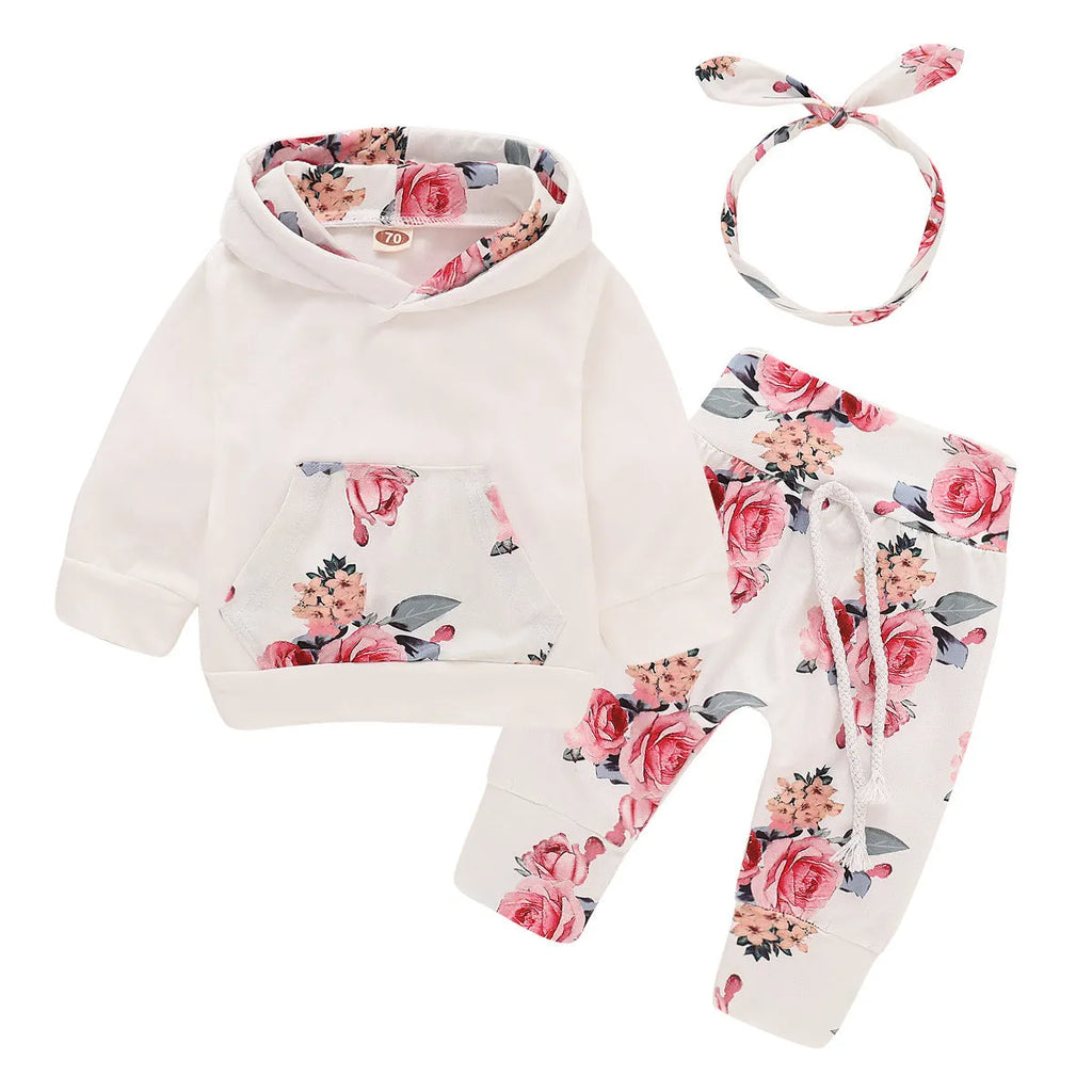 Newborn girl hooded cotton pantsuit set with print design and long sleeves