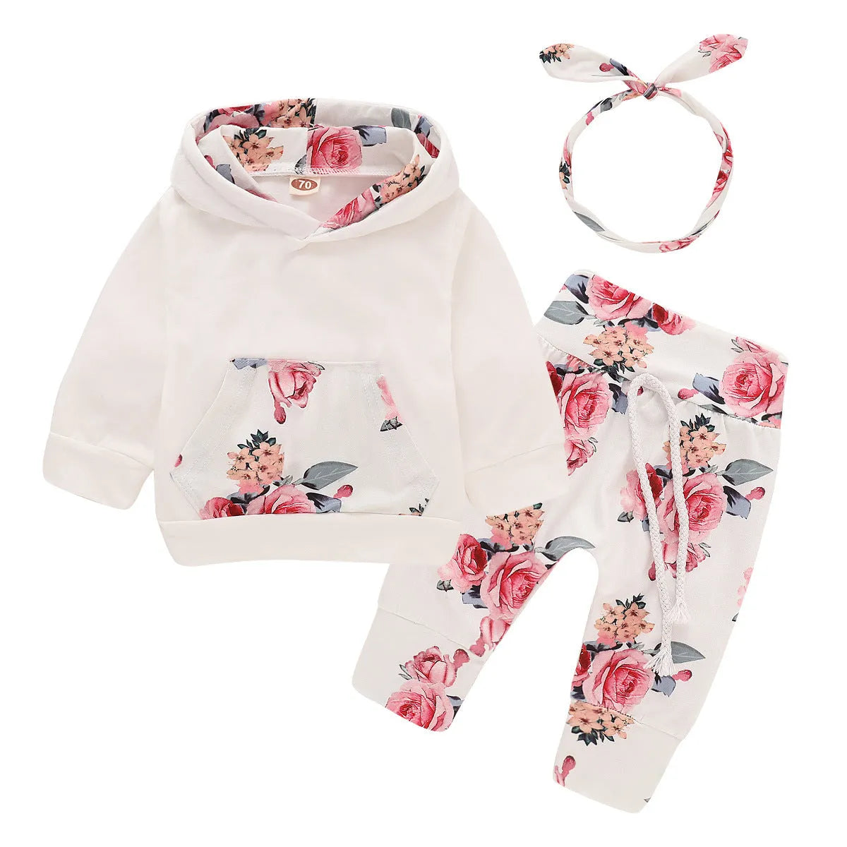 Newborn girl hooded cotton pantsuit set with print design and long sleeves