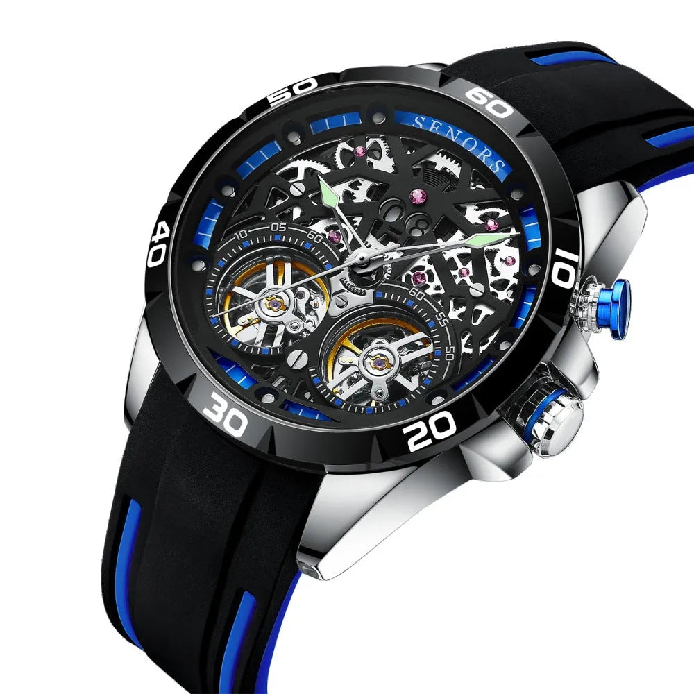 Automatic mechanical men's watch with skeleton dial and luminous hands on stainless steel case.