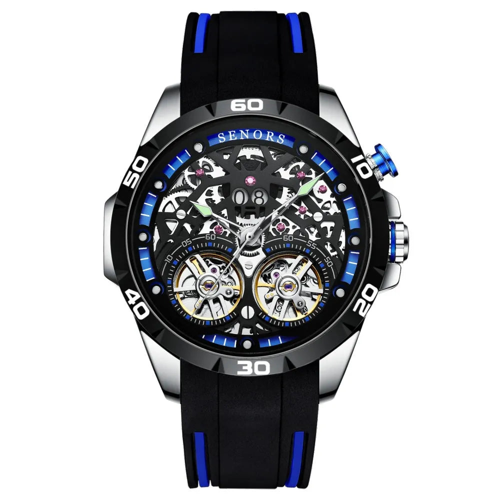 Automatic mechanical men's watch with skeleton dial and luminous hands on stainless steel case.