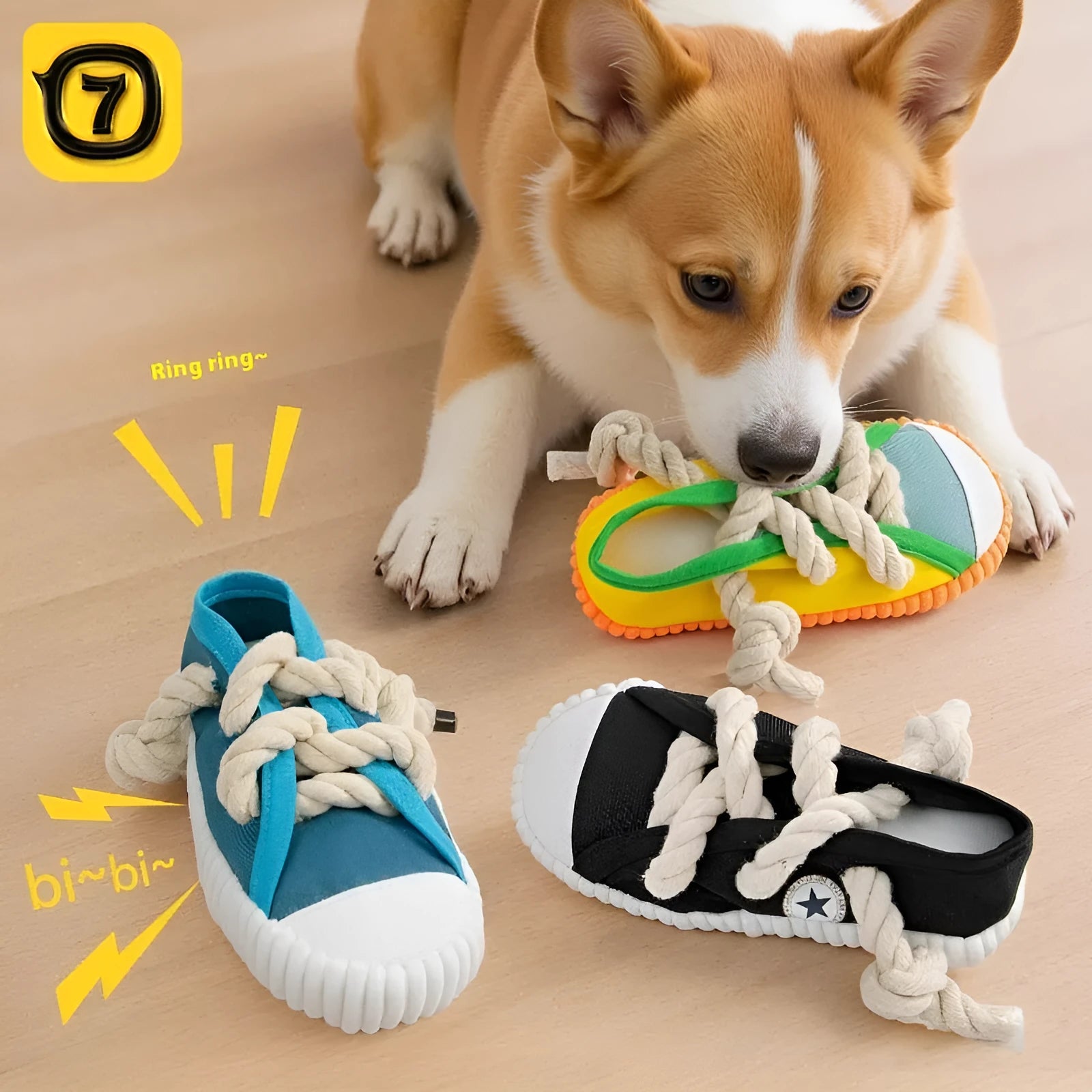Plastic dog chew toy in slipper shape with sound feature, shown in yellow, black, and blue colour options.