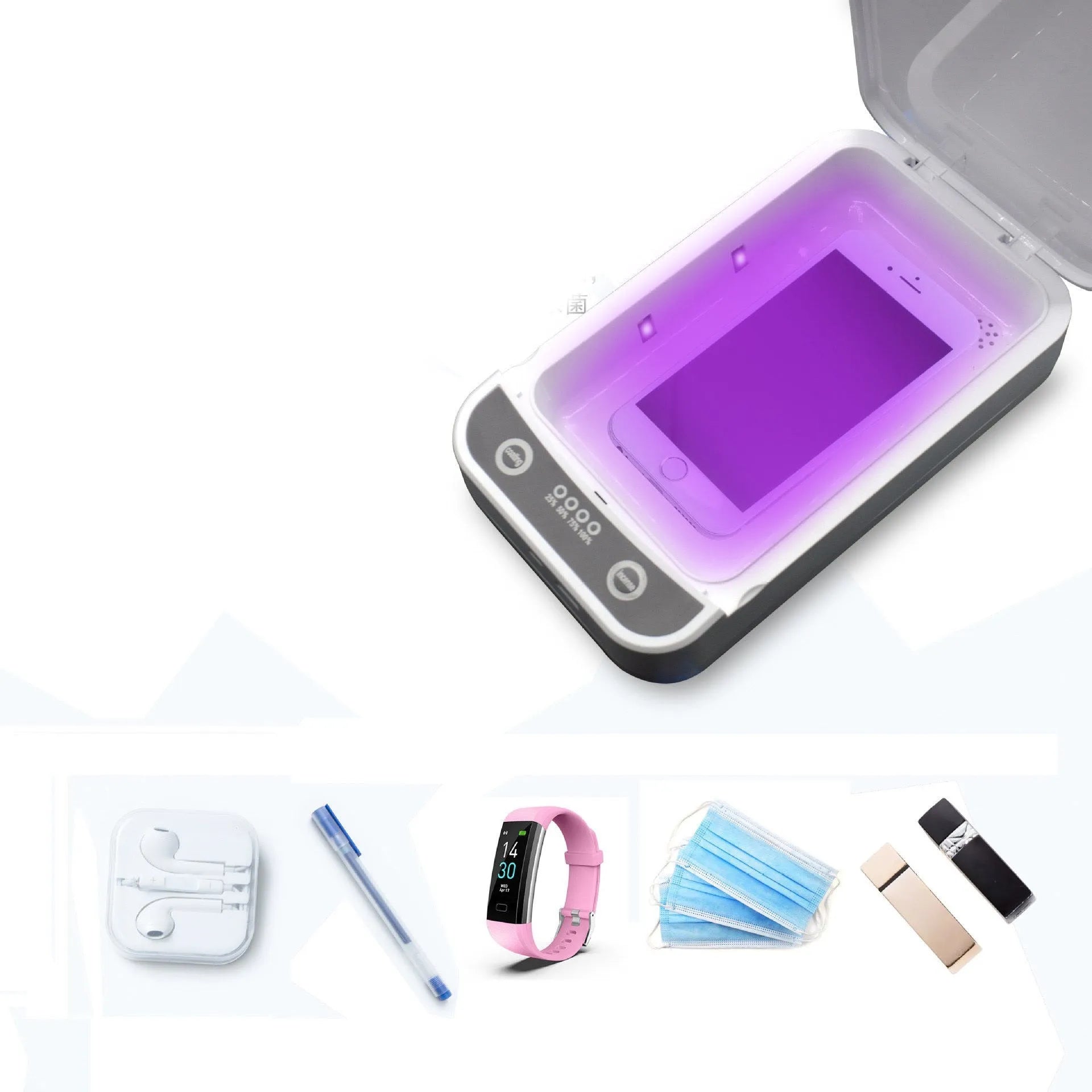 Compact UV disinfection box for sanitising mobile phones and small personal items.
