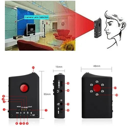 Black anti-spy hidden camera signal detector with antenna, 65x48x15mm, on grey background