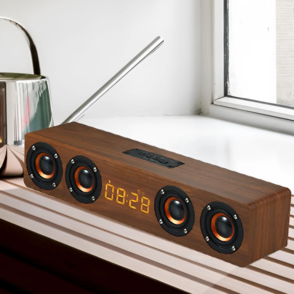 Sound Blaster long bar wooden four-speaker Bluetooth speaker in brown woodgrain finish with USB port and 380mm length