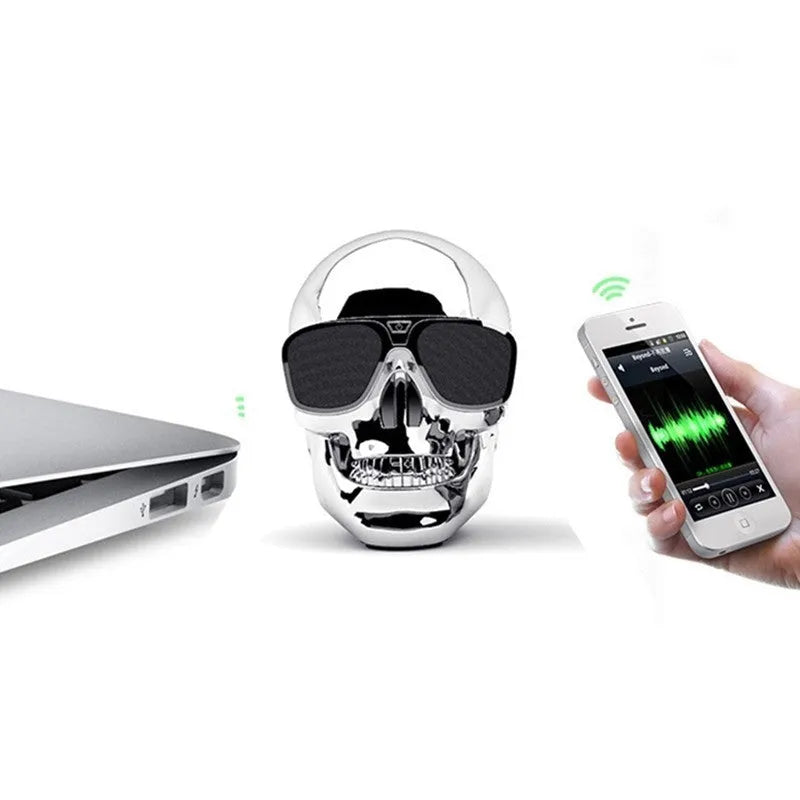Skull-shaped wireless Bluetooth speaker with rechargeable battery showing front detail and colour options