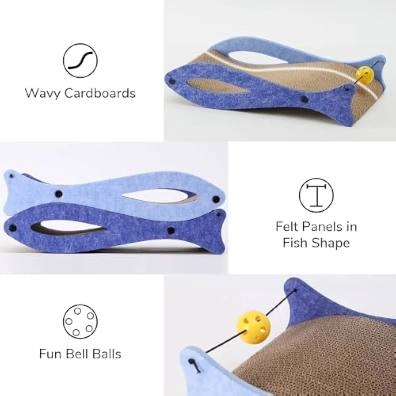 Blue fish-shaped cardboard cat scratcher with bell toys on elastic cord, measuring 46x25x10cm