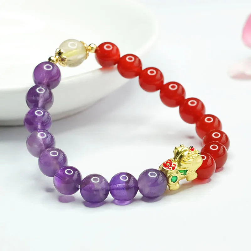 Amethyst and red agate Chinese style beaded bracelet with 8mm stones.