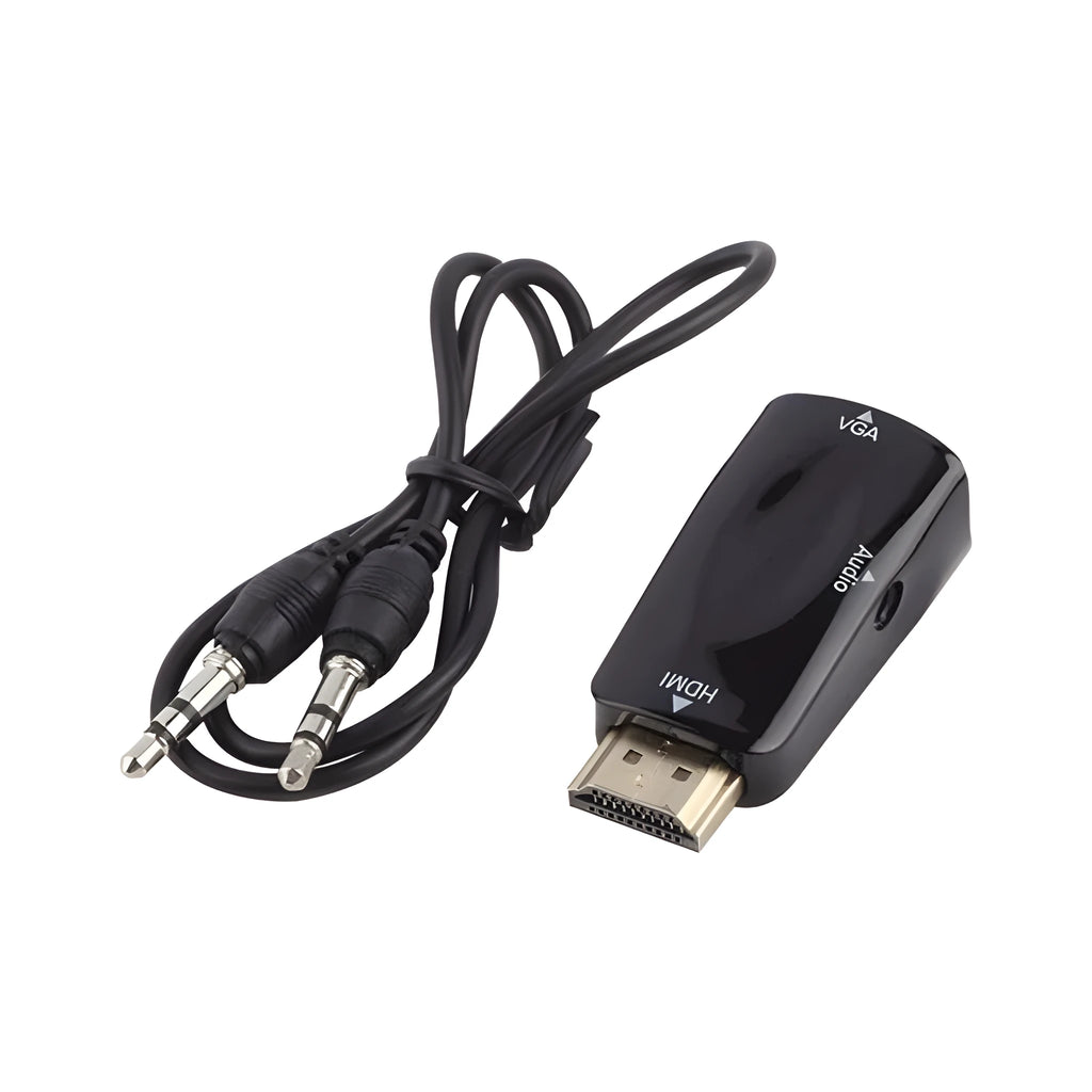 Black and white HDMI to VGA adapter converter measuring 48mm for connecting laptops to monitors