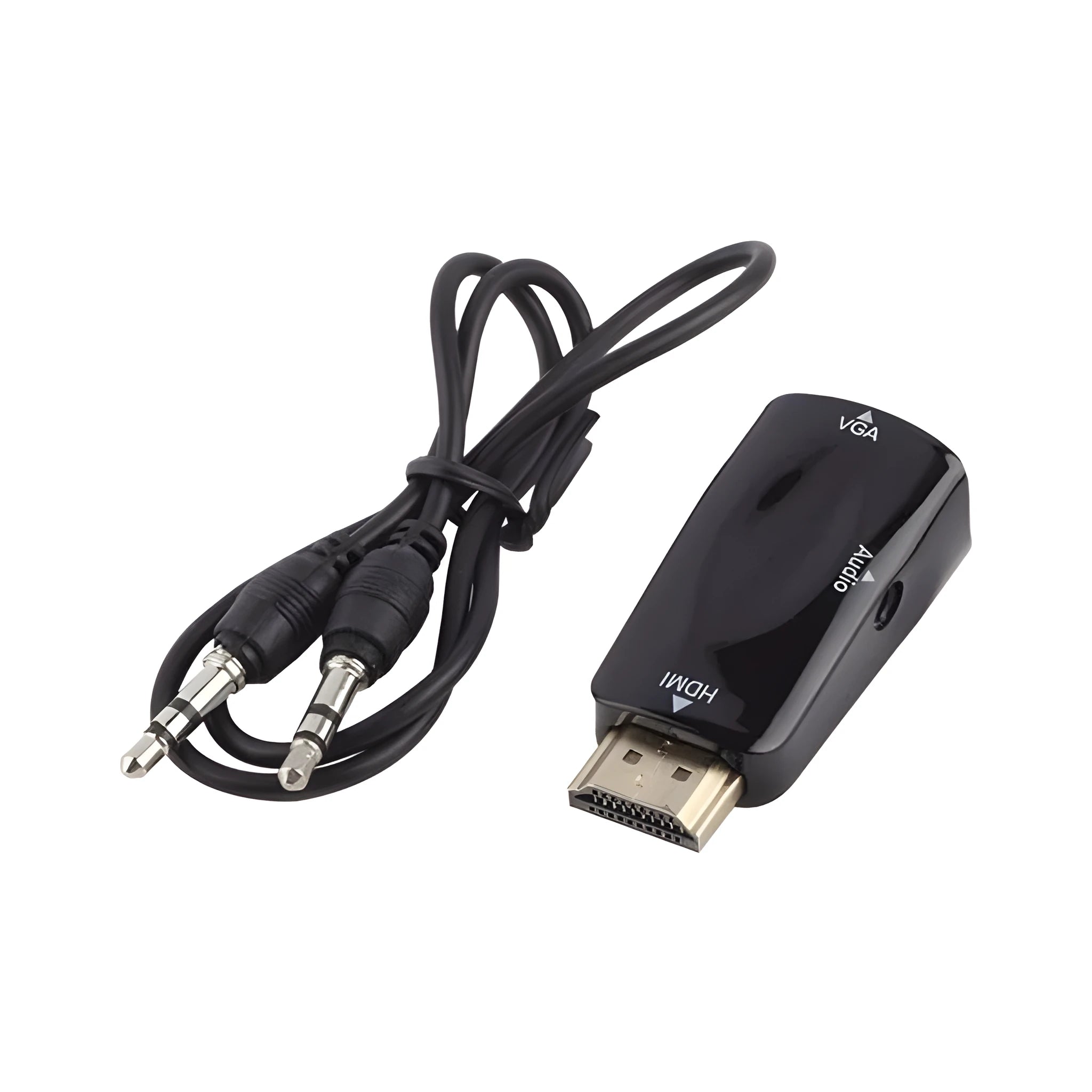 Black and white HDMI to VGA adapter converter measuring 48mm for connecting laptops to monitors
