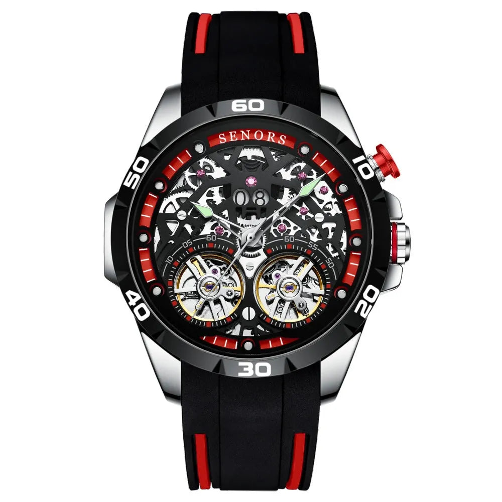 Automatic mechanical men's watch with skeleton dial and luminous hands on stainless steel case.