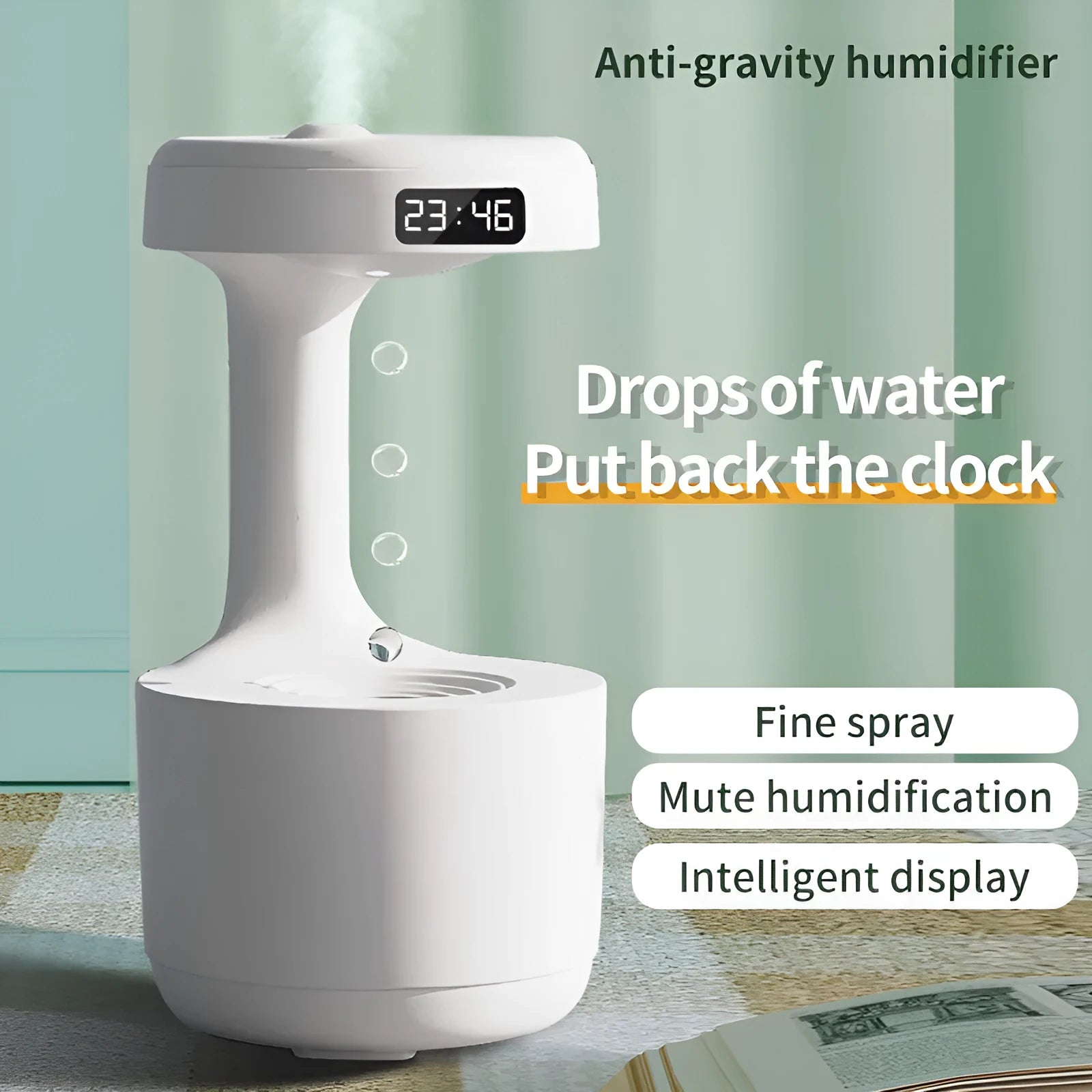 White anti-gravity humidifier with LED clock display emitting mist on a wooden desk.