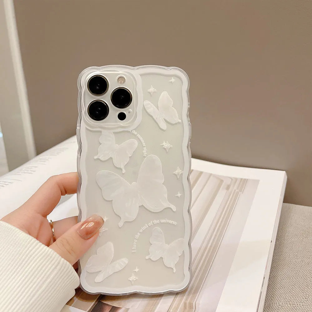 Transparent white crystal butterfly TPU phone case for iPhone 12 to 15 models, painted design