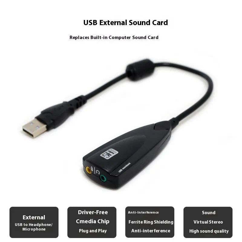 Black 5HV2 external sound card with cable, 7.1 channel support for karaoke chat, triangular design.