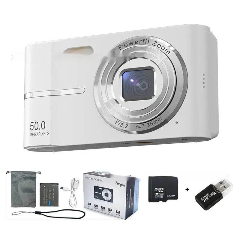 Compact HD 4K digital camera in black, green, pink, or white with full HD screen.